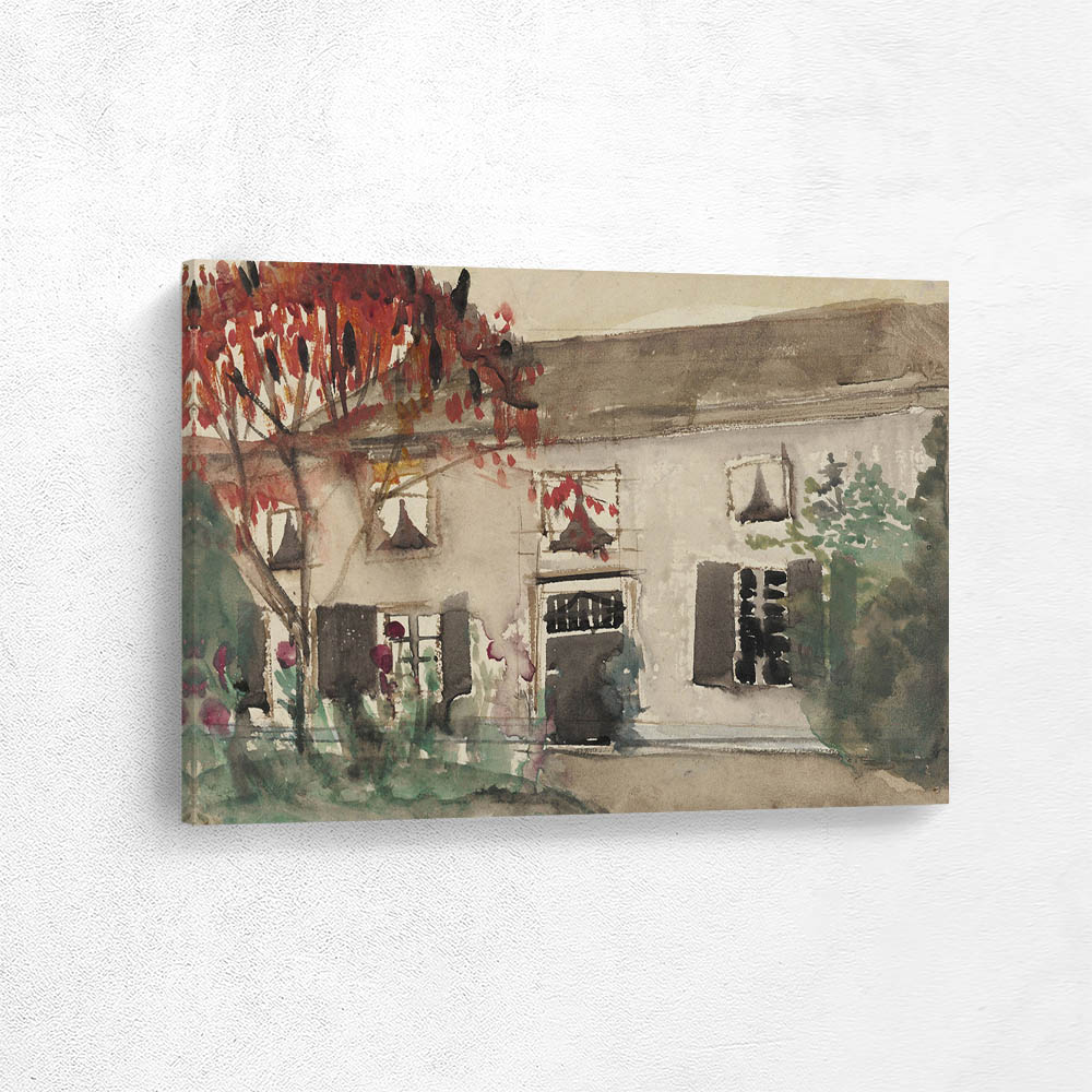 House with front garden and red tree