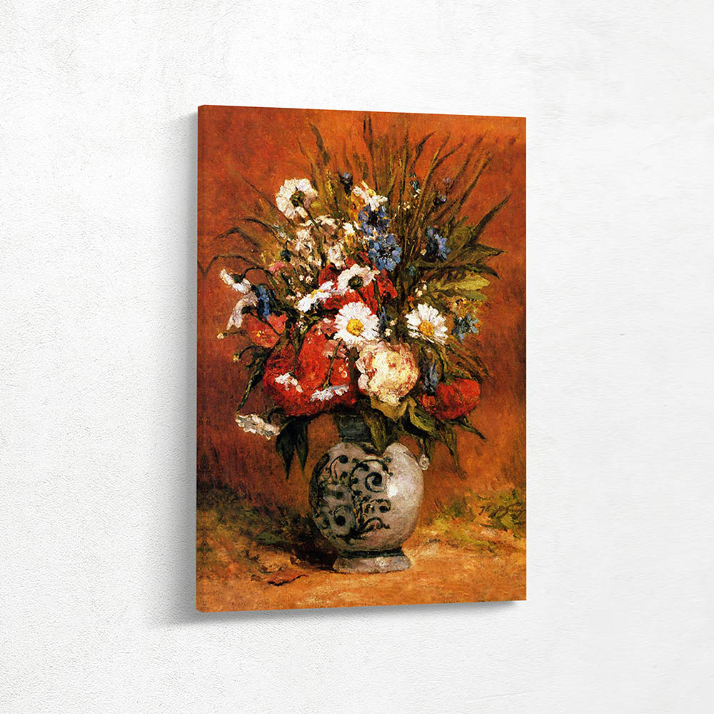 Daisies and Peonies in Blue Vase