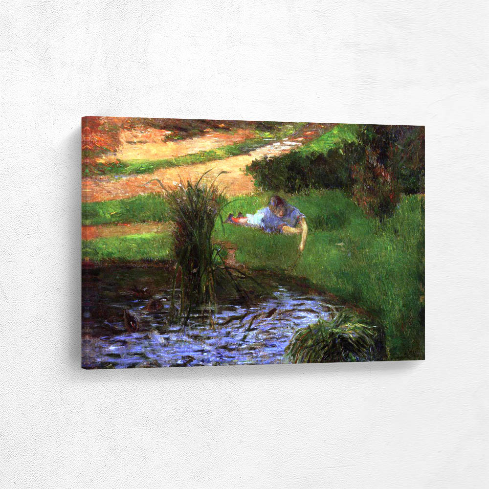 Pond with Ducks Girl Amusing Herself