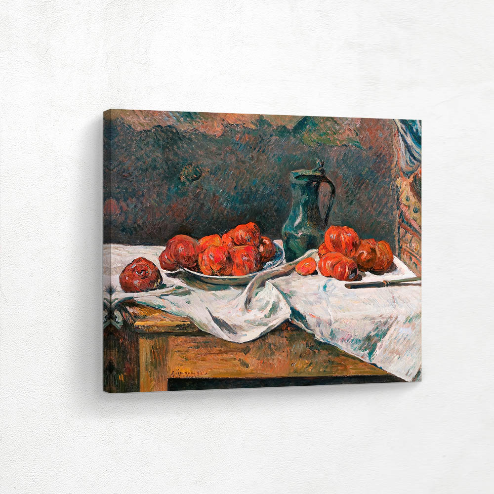 Tomatoes and a pewter tankard on a table