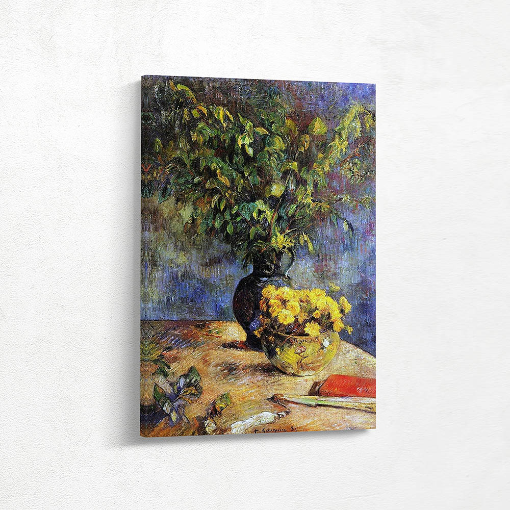 Two vases of flowers and a fan