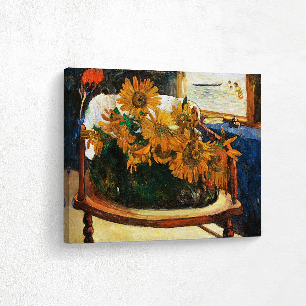 Still life with sunflowers on an armchair
