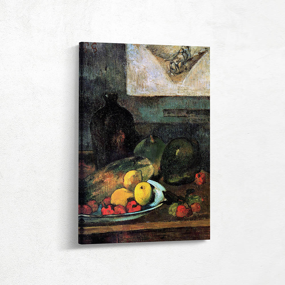 Still life in front of an engraving of Delacroix