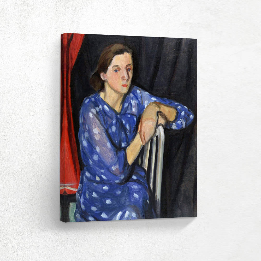 A sitting woman in a light blue dress