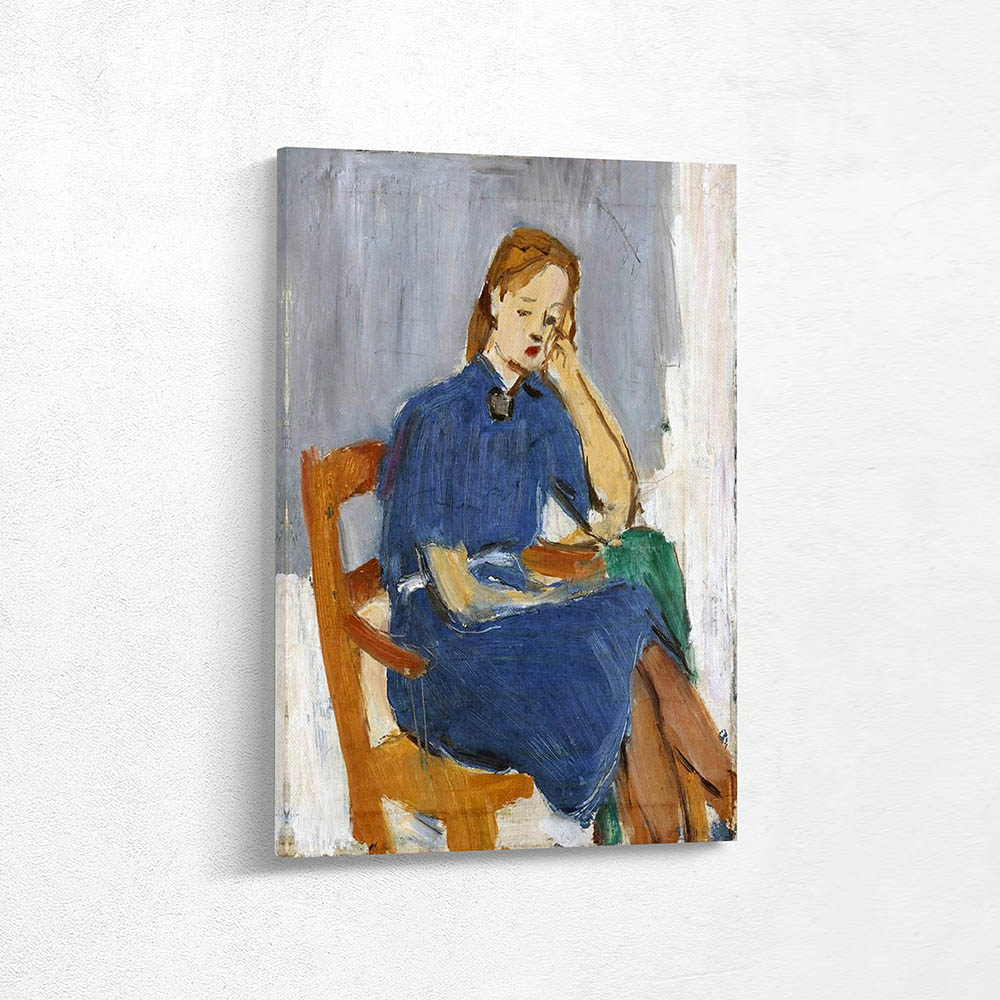 A sitting woman in a blue dress