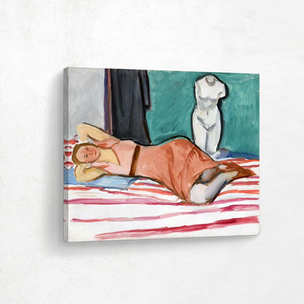 Lying woman on striped Covered Bed Cover