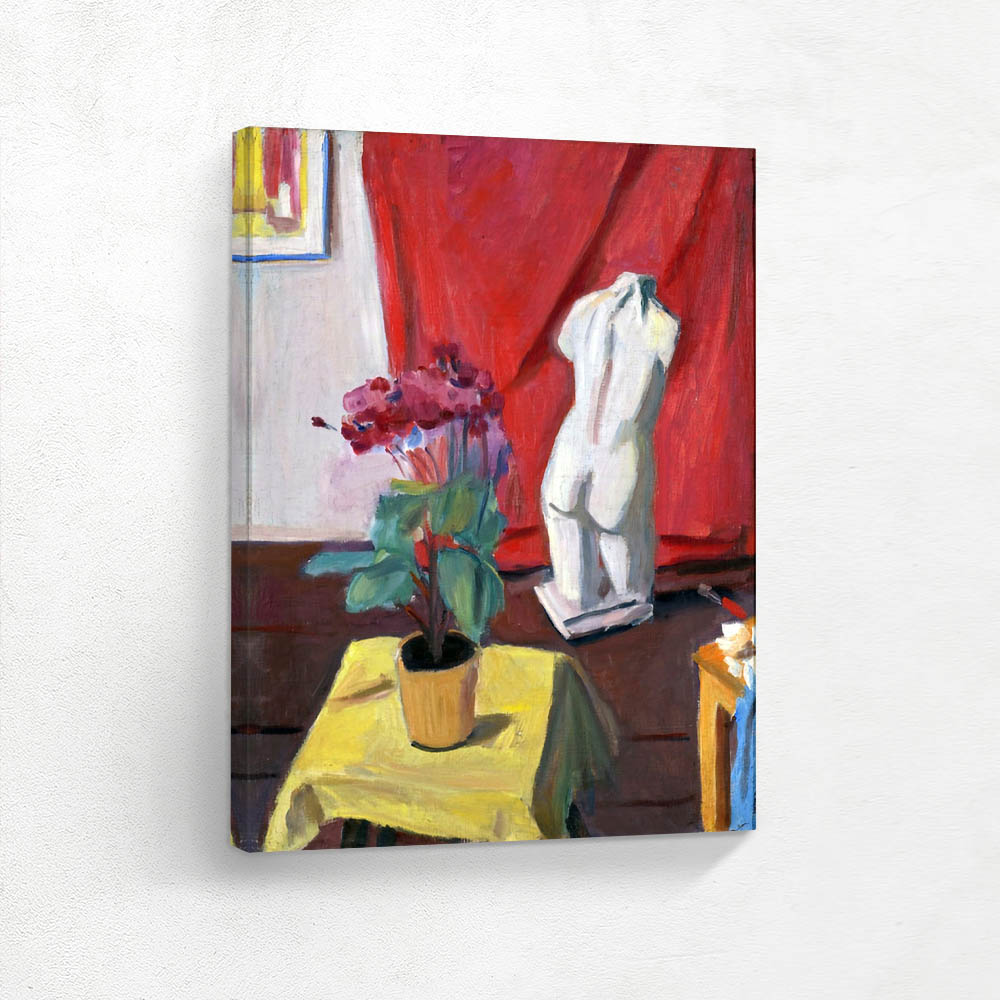 Still life with cineraria on a yellow tablecloth