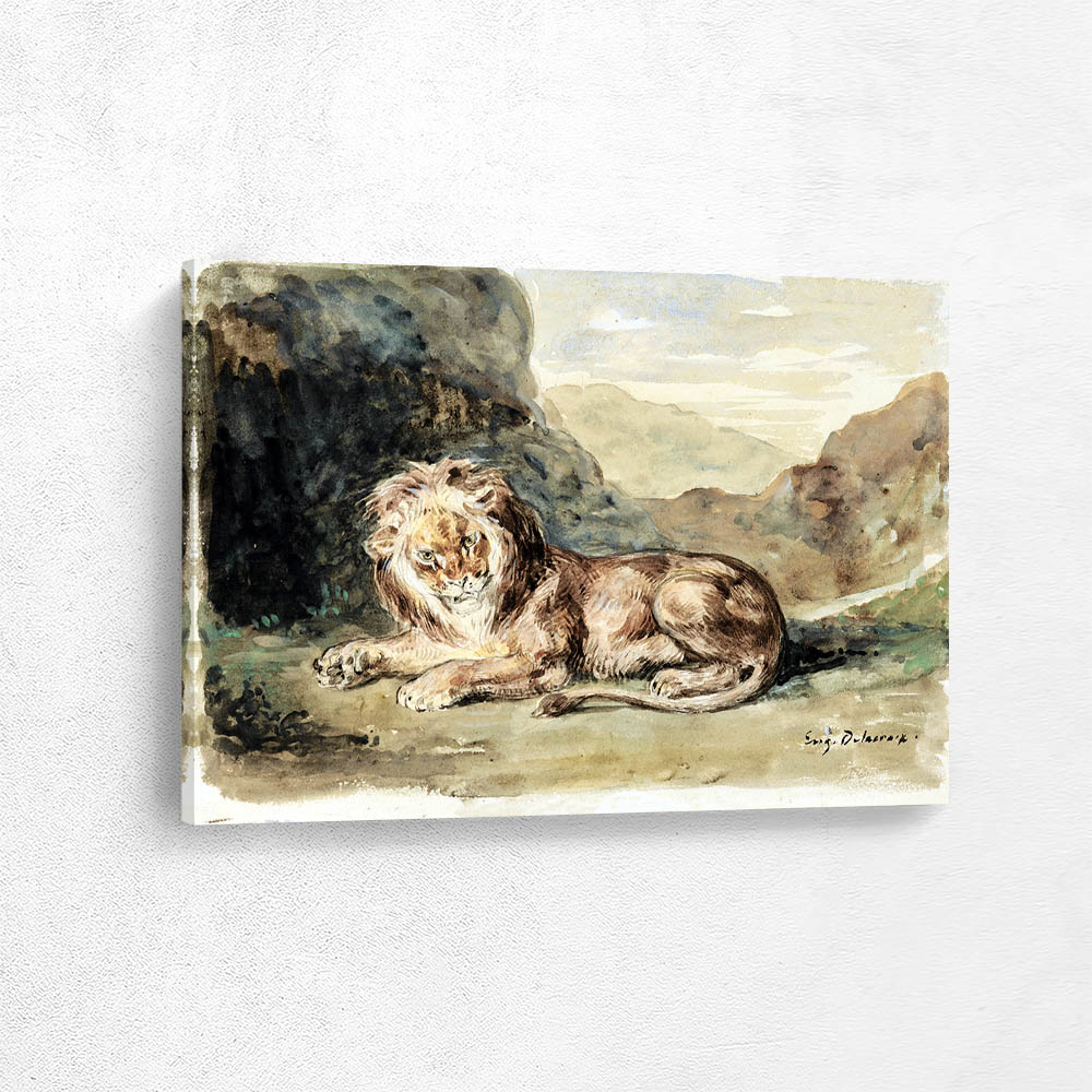 Lying lion in a landscape