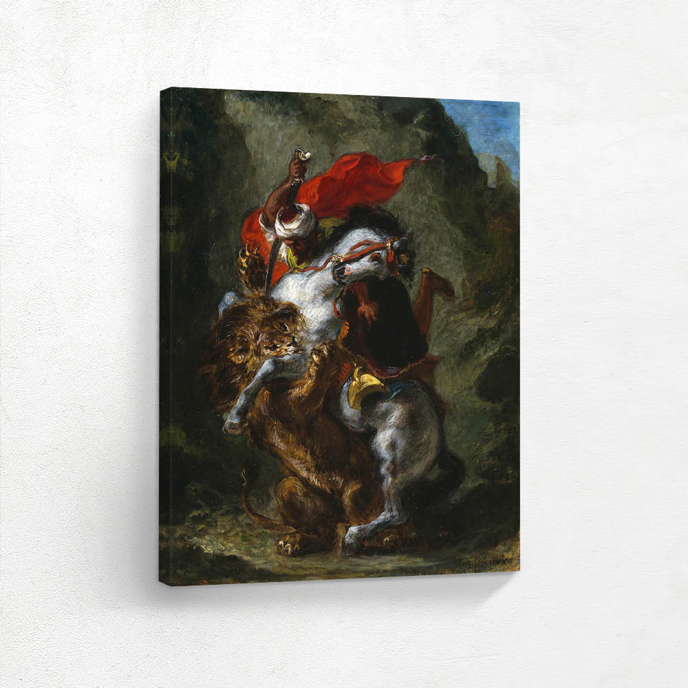 Arab lion A painting of a man riding on the back of a horse