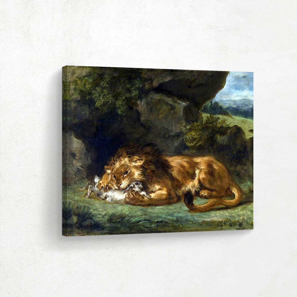 Lion devouring a rabbit