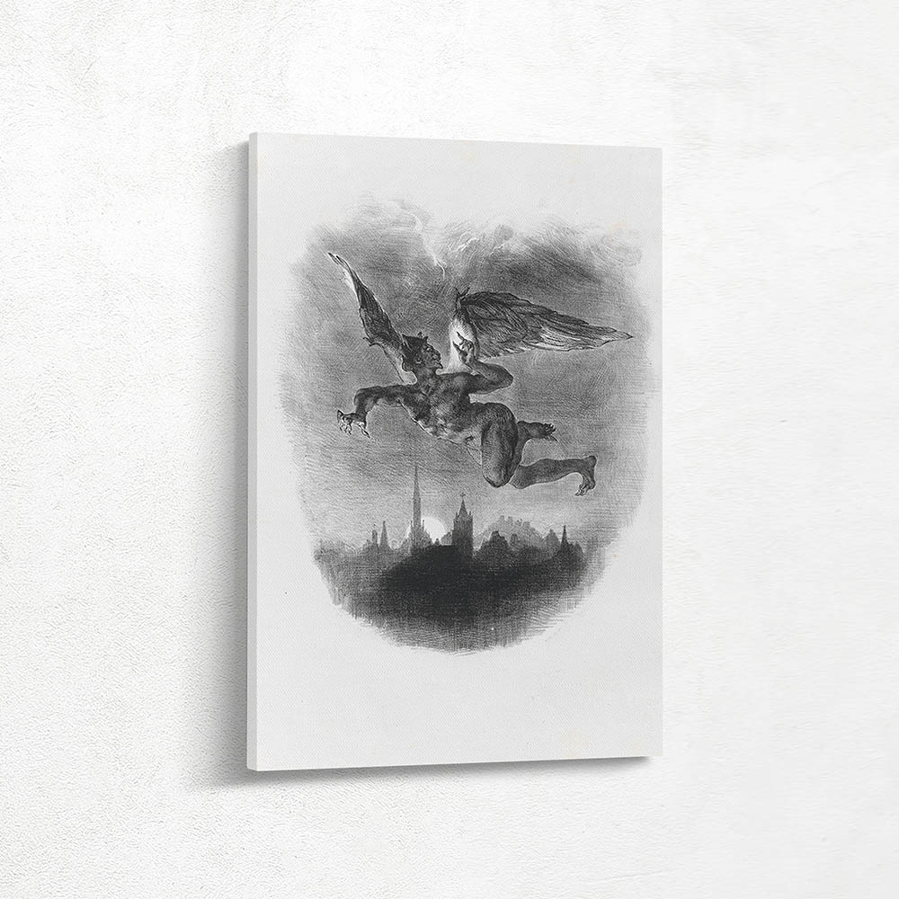 A drawing of an angel flying over a city