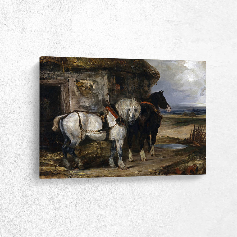 Two Farm Horses by a Barn 