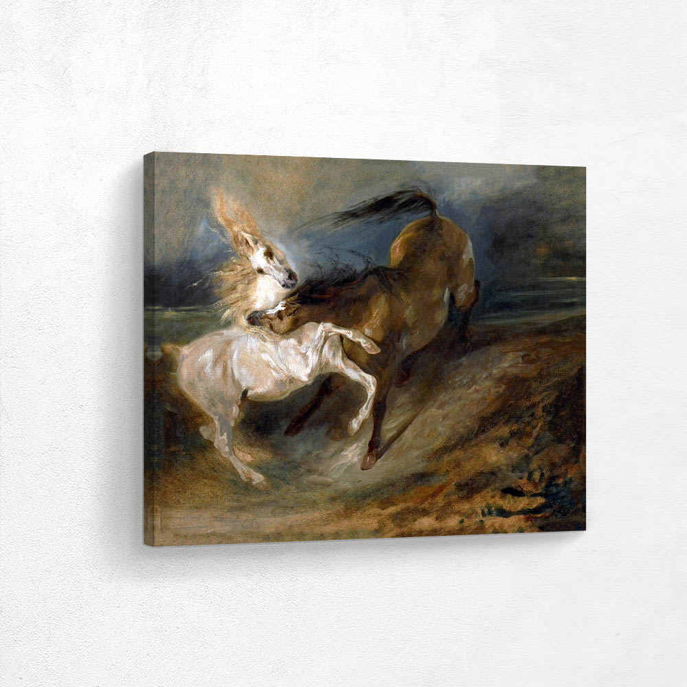 Two Horses Fighting in a Stormy Landscape