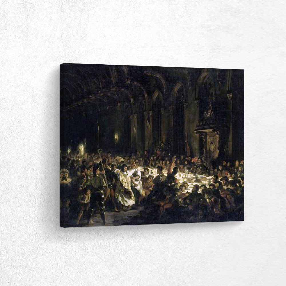 A painting of a large group of people sitting around a table