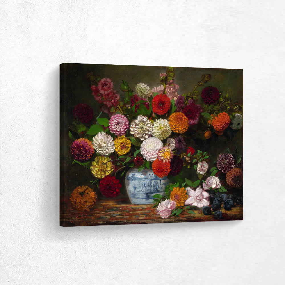 Still Life with Dahlias  Zinnias Hollyhocks and Plums