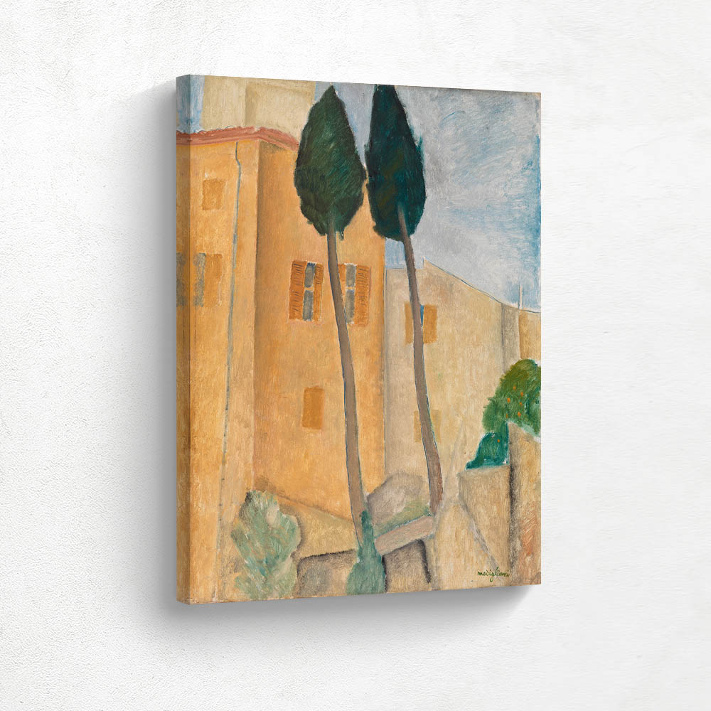 Painting of Two Trees in Front of a Building