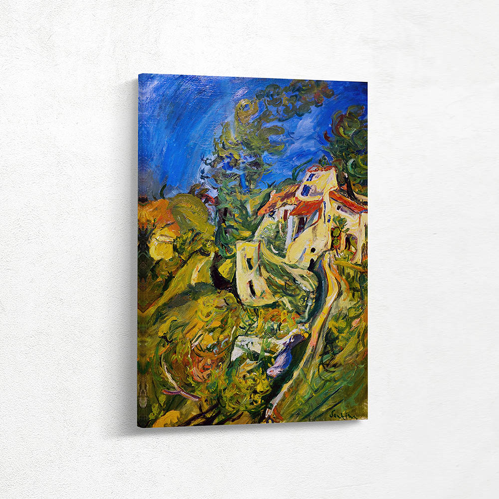 A painting of a house on a hill