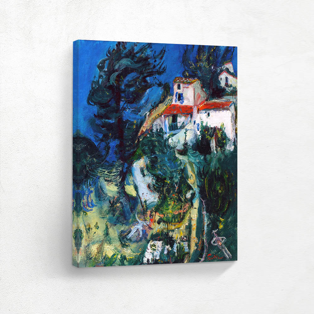 A painting of a house on a hill