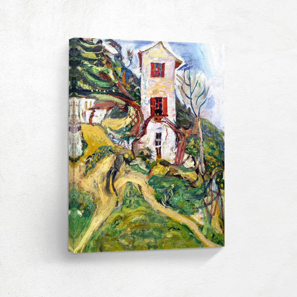 A painting of a house on a hill