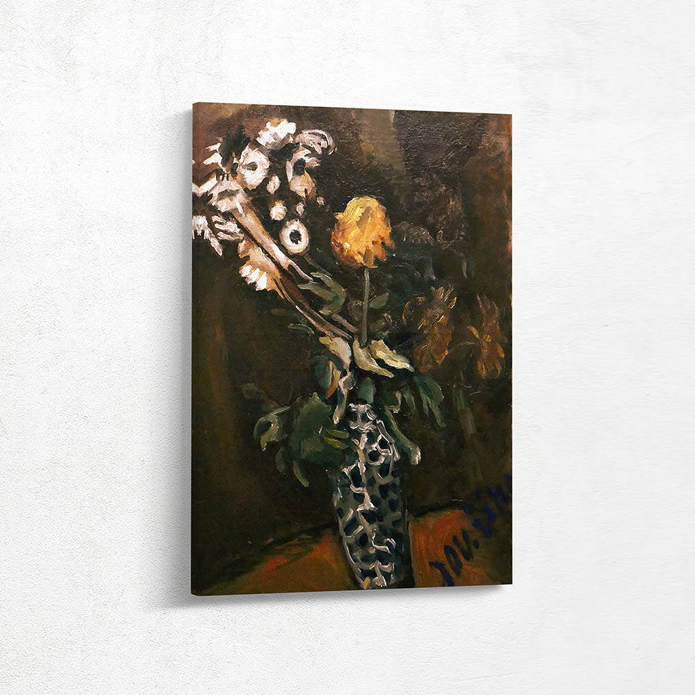 A painting of flowers in a vase on a table