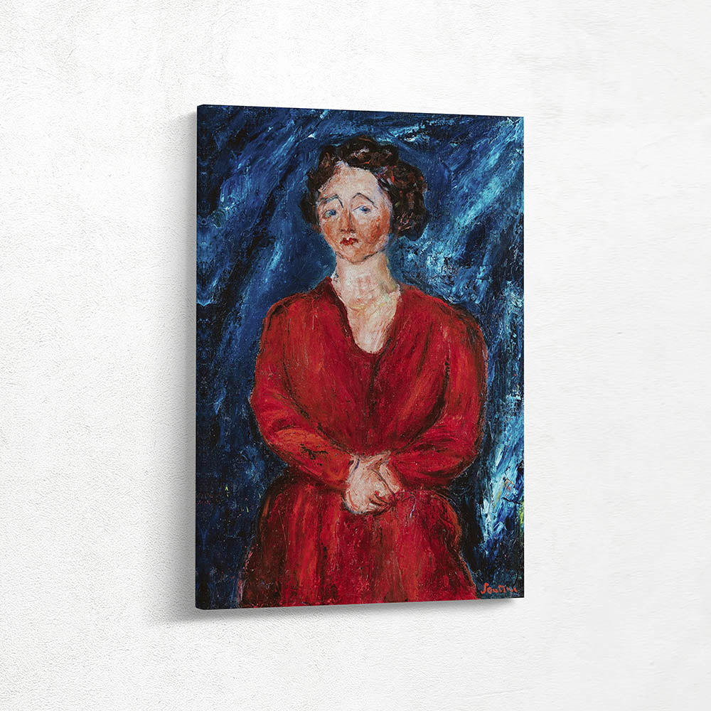The woman in red with a blue background