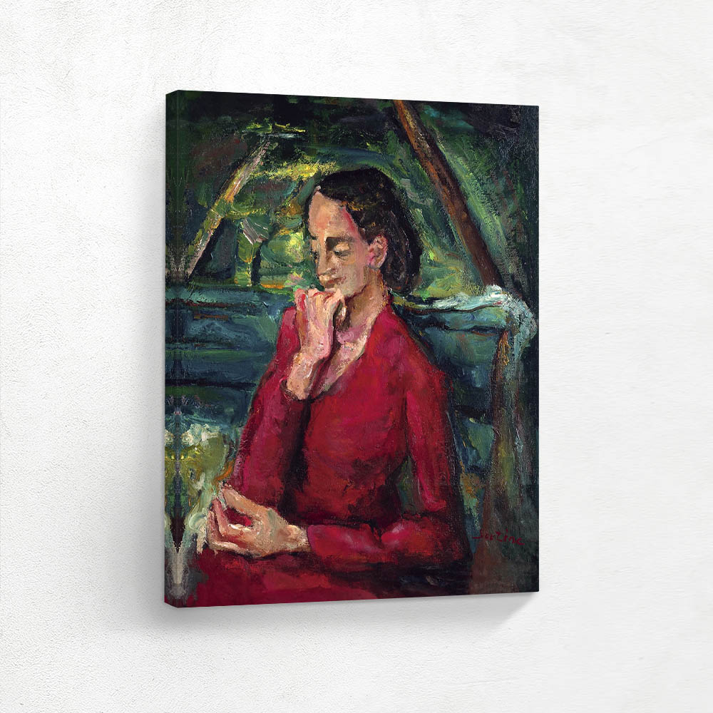 Woman in Red Sitting on a Bench