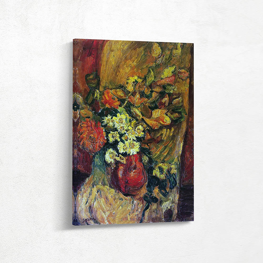 Bouquet of flowers in pot on armchair