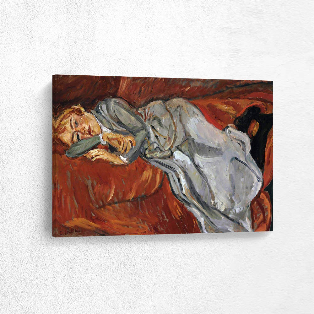 Woman lying on a red couch