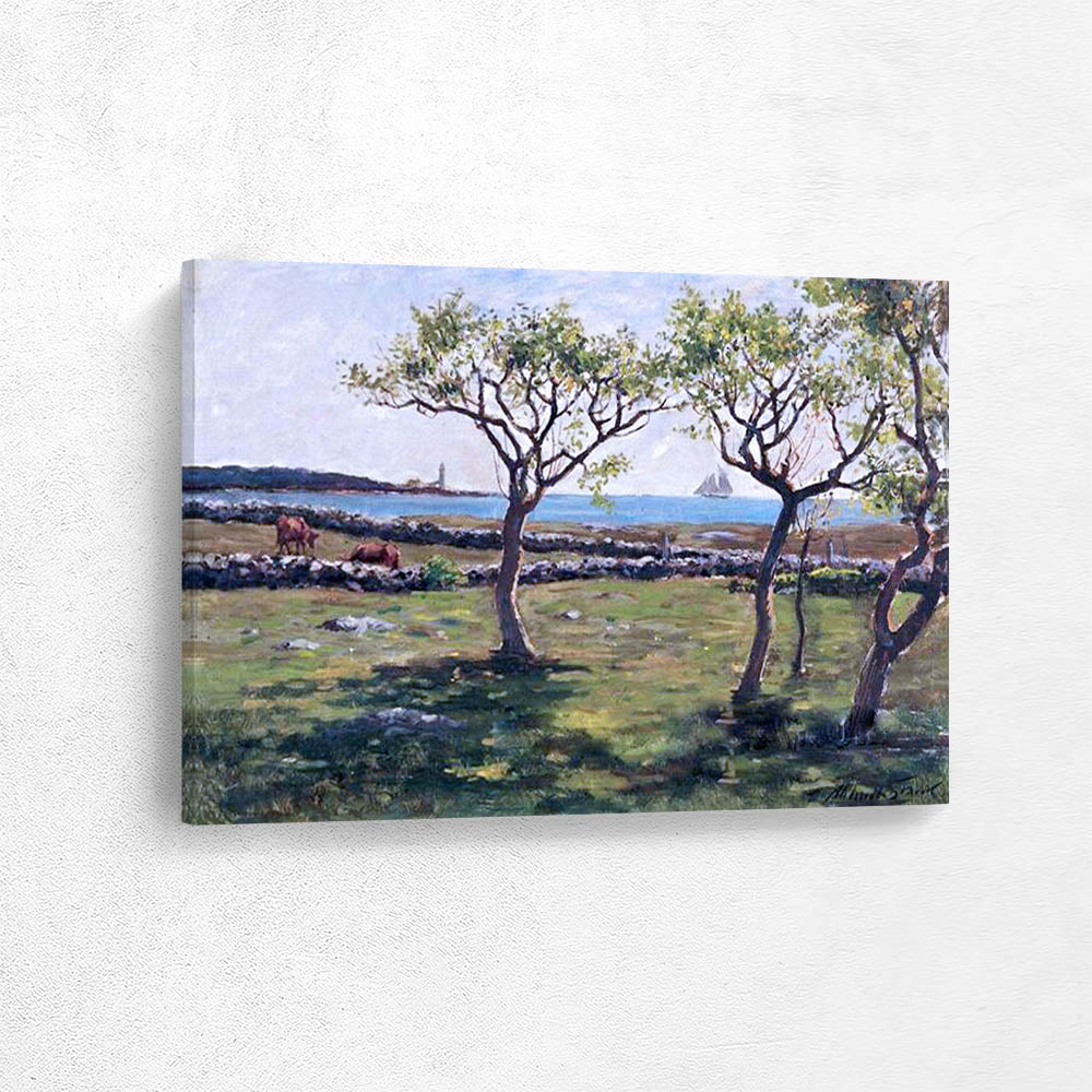 Cows at pasture with a schooner and lighthouse