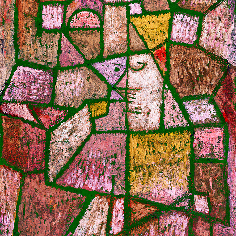 Geometric abstract wall art featuring interlocking shapes, bold black outlines, and textured pink, green, yellow, and earthy tones in a modern composition.
