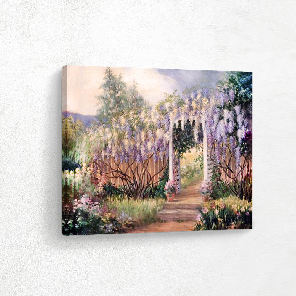 Sunlit Path with Wisteria