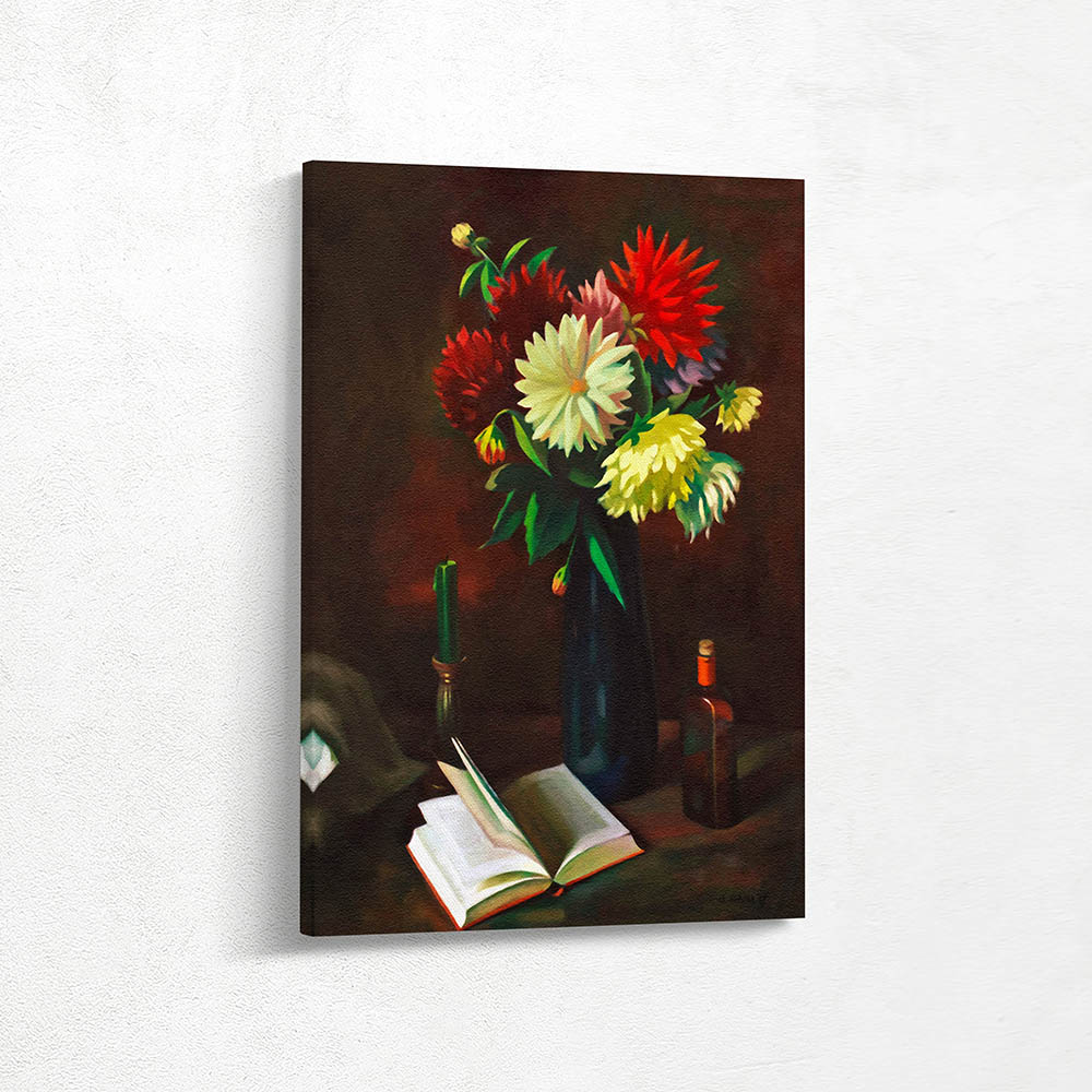 Dahlia Bouquet with Book, Candle, and Bottle