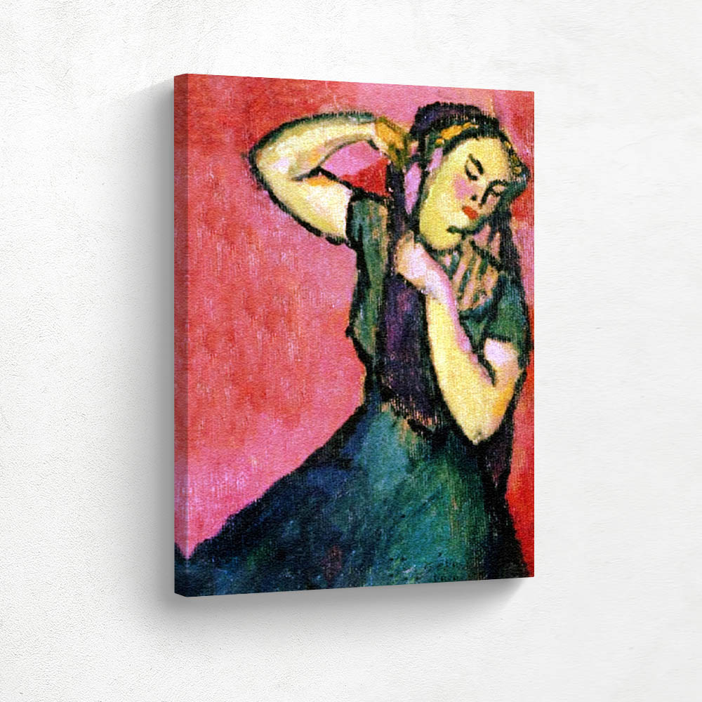 The Combing  Young Girl in Front of a Red Background