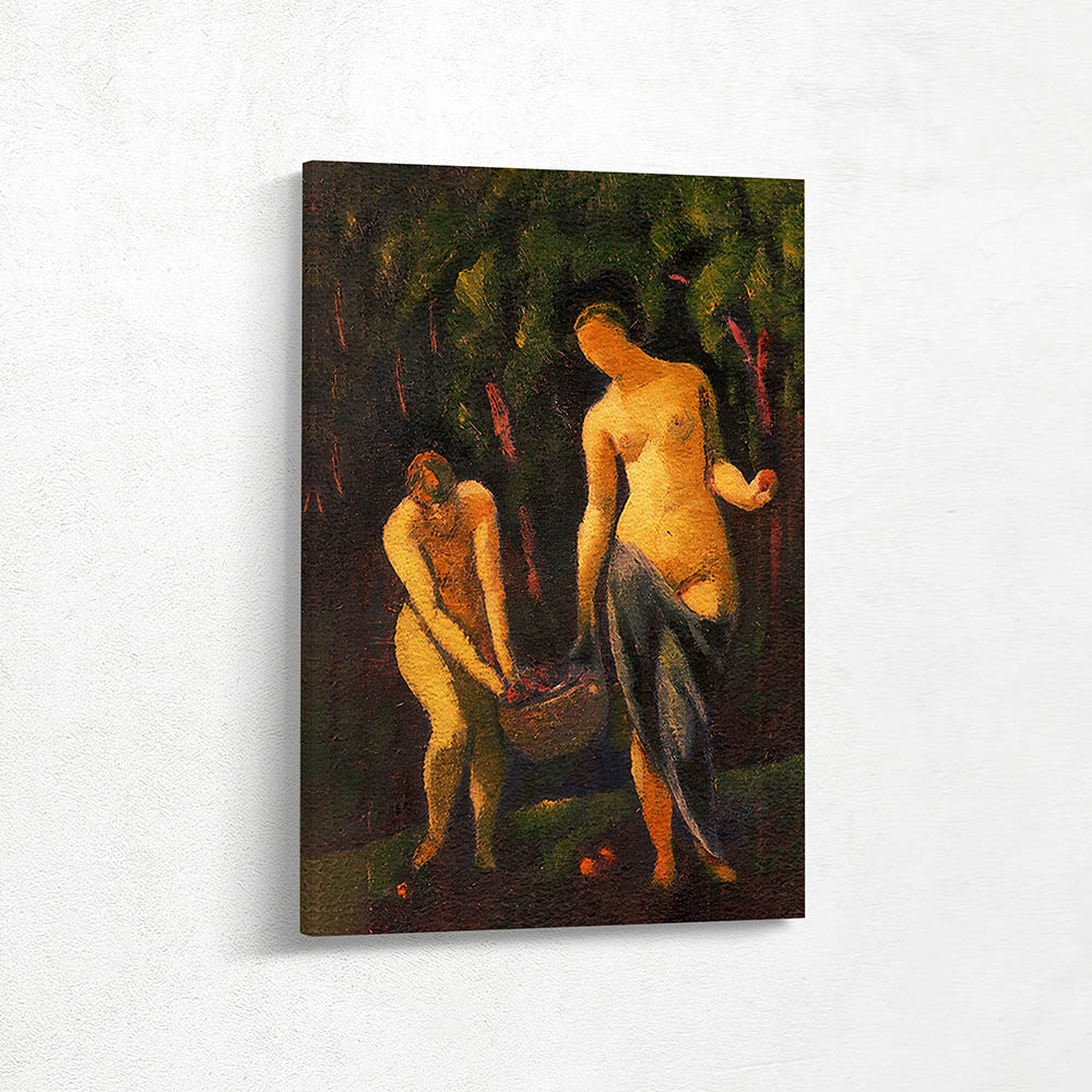 Two Nude Women Picking up Apples