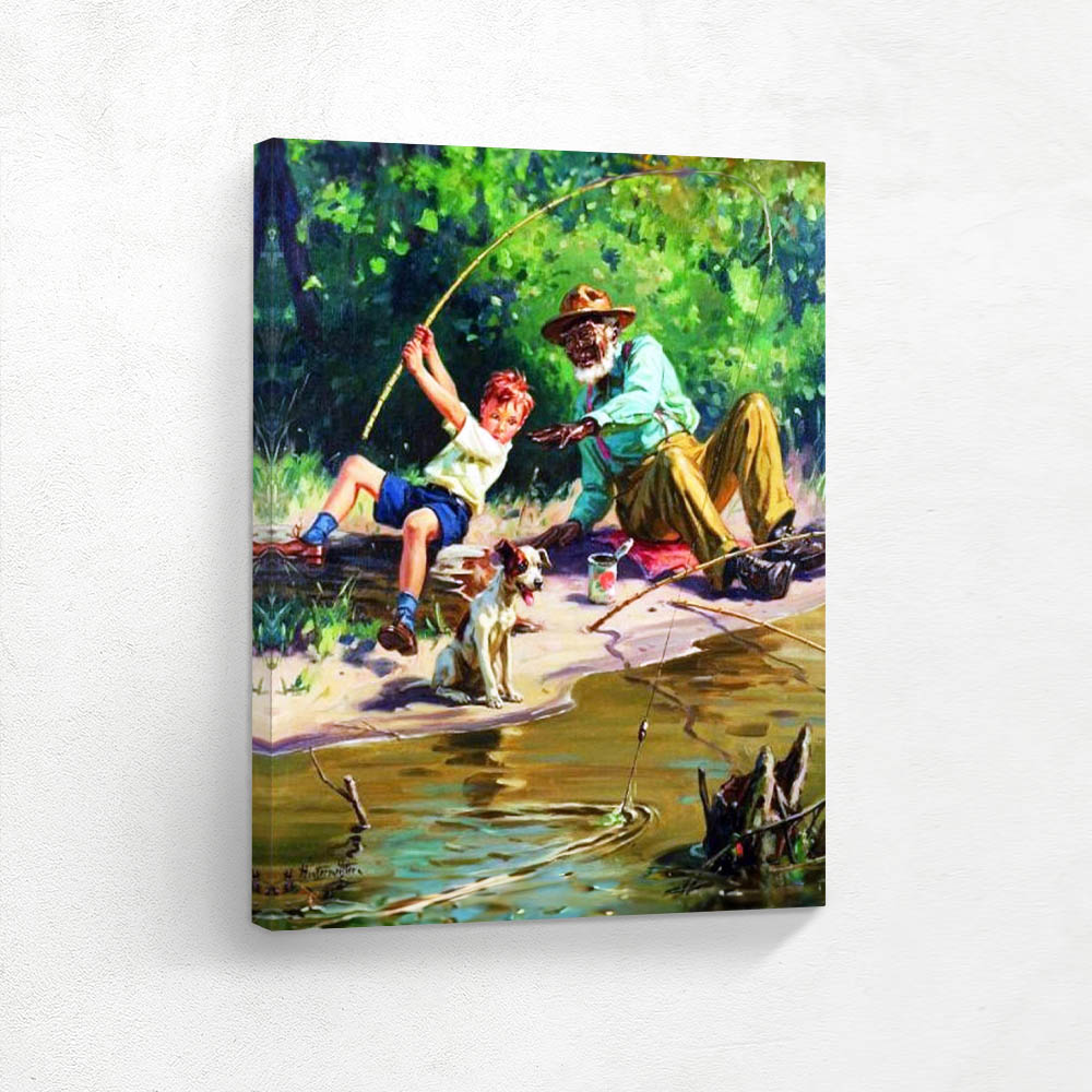 Older black man teaching young farm boy how to fish