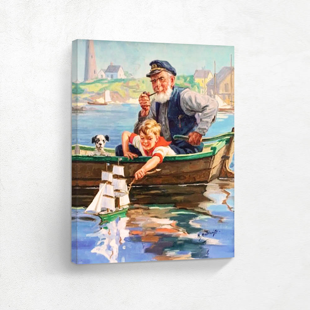 Man and Boy on Boat with Dog
