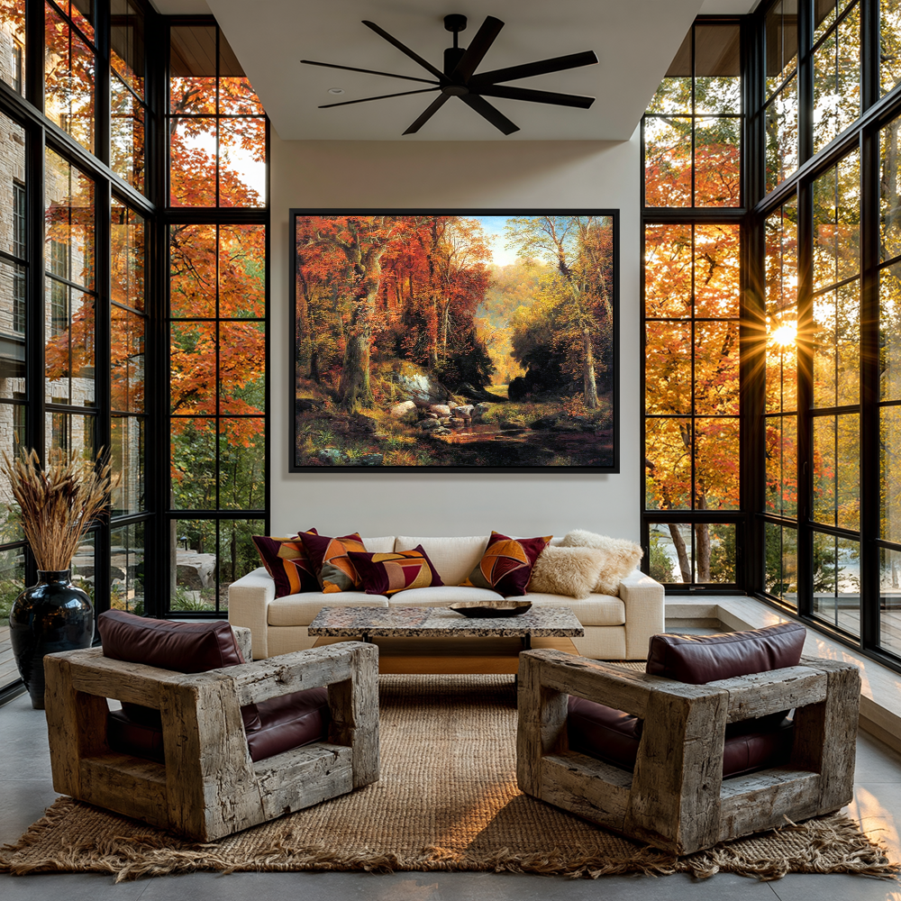 Thomas Moran autumn landscape wall art displayed in a luxury living room with floor-to-ceiling windows, fall foliage, and framed canvas artwork.