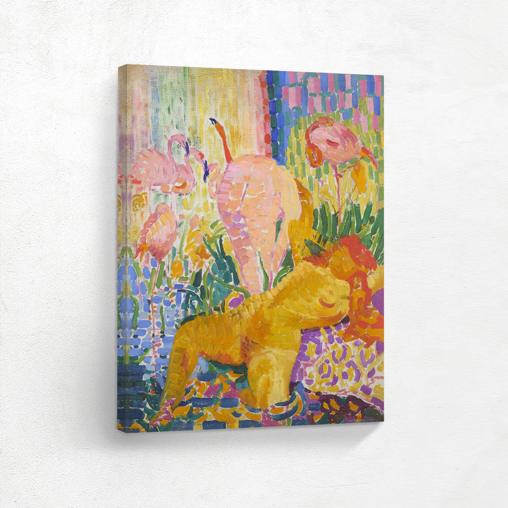 Nude bathers and flamingos