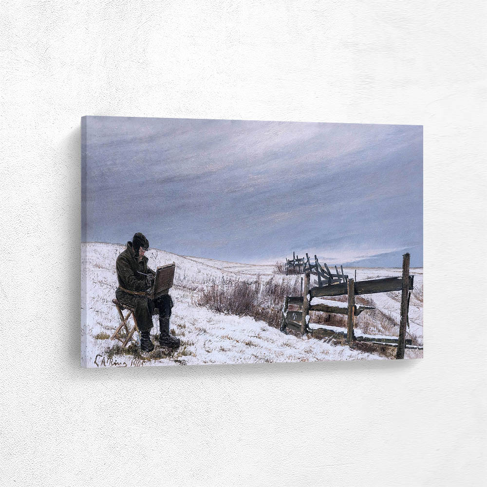 Snow landscape with the painter Aage Bertelsen at his work