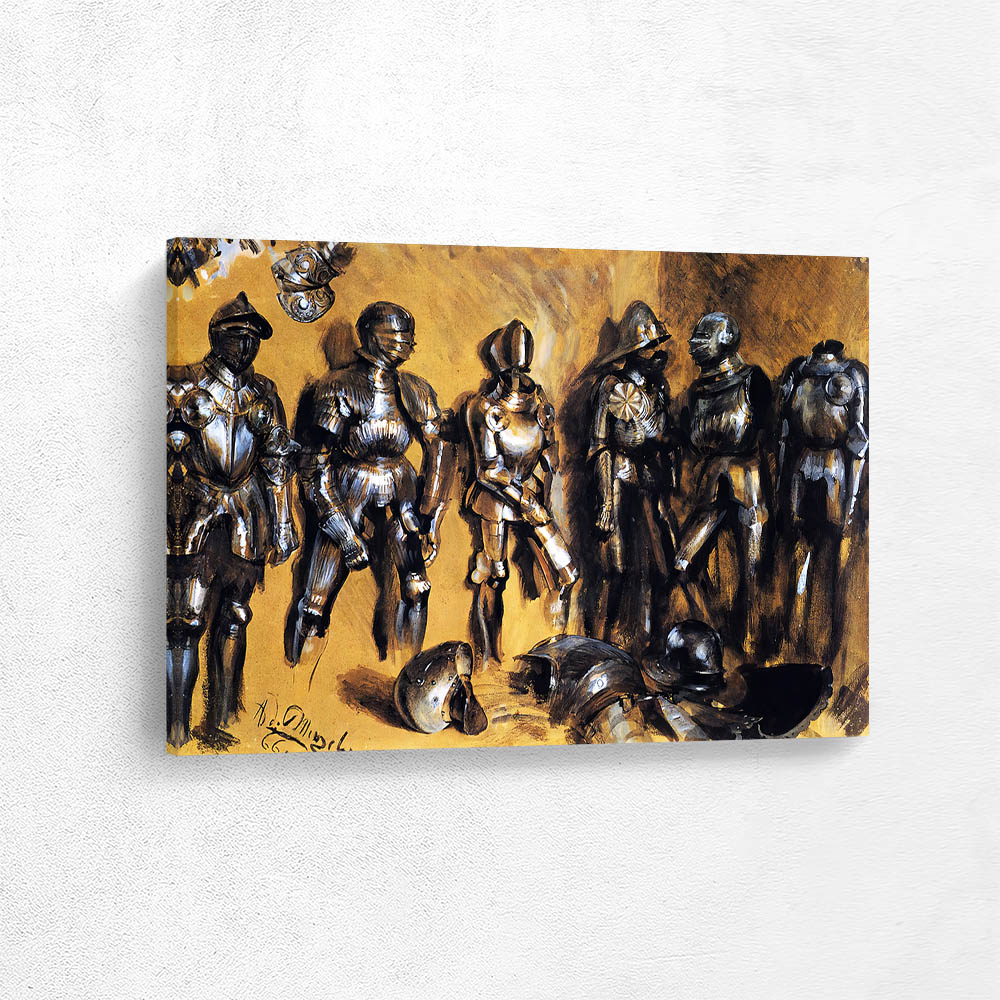 Six Suits Of Armor Standing Against A Wall