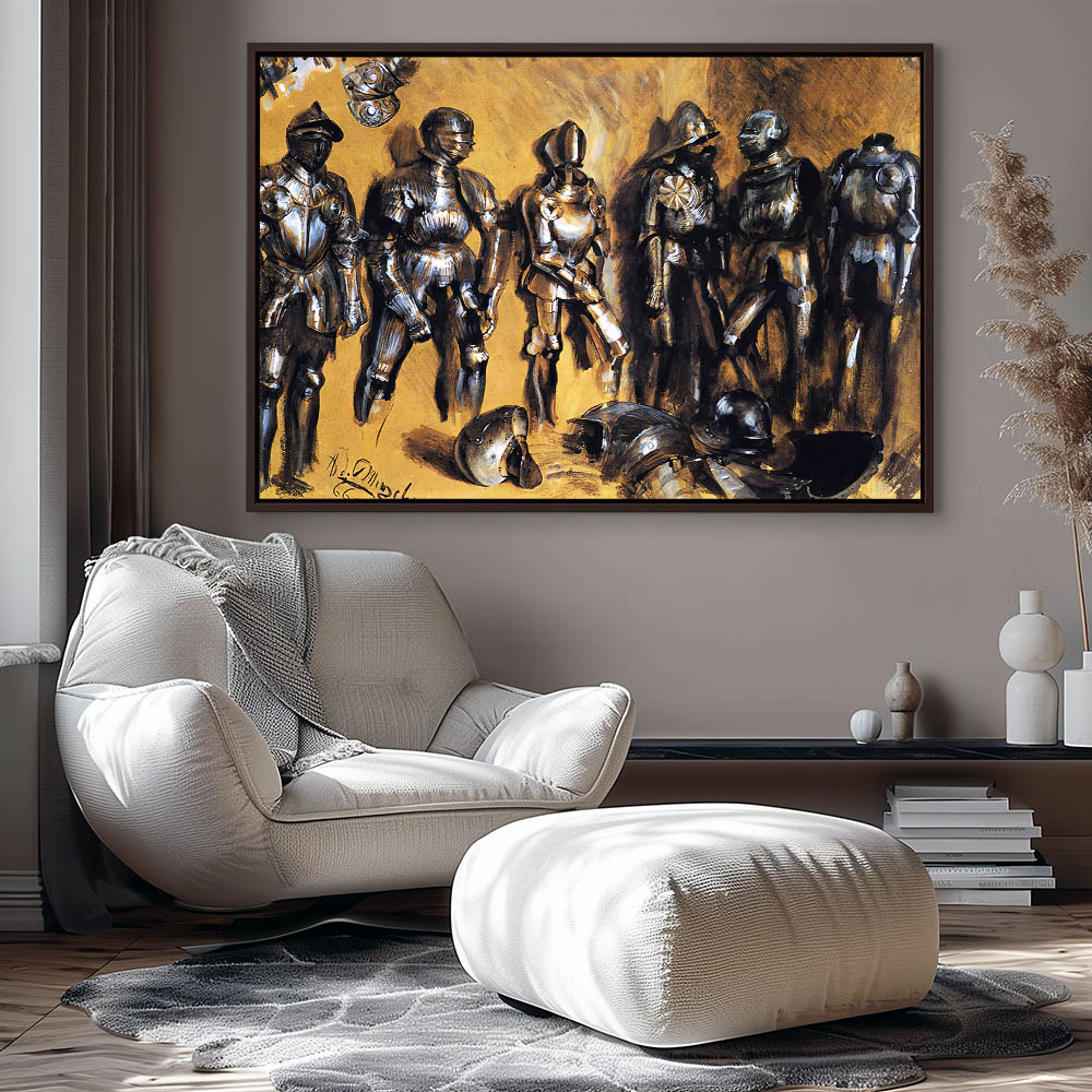 Six Suits Of Armor Standing Against A Wall - Image 3