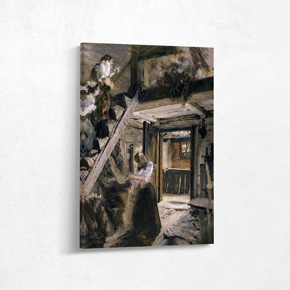 Staircase in a farmhouse with figurative staffage