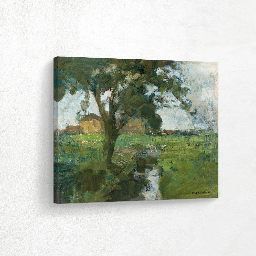 Farm Setting With Foreground Tree And Irrigation Ditch