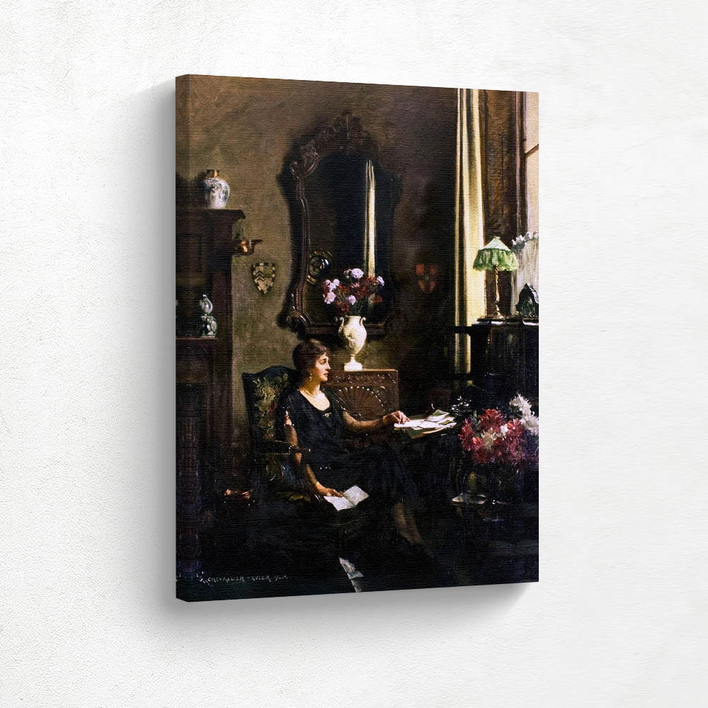 Seated Female Figure Sorting Letters in a Lush Interior Setting