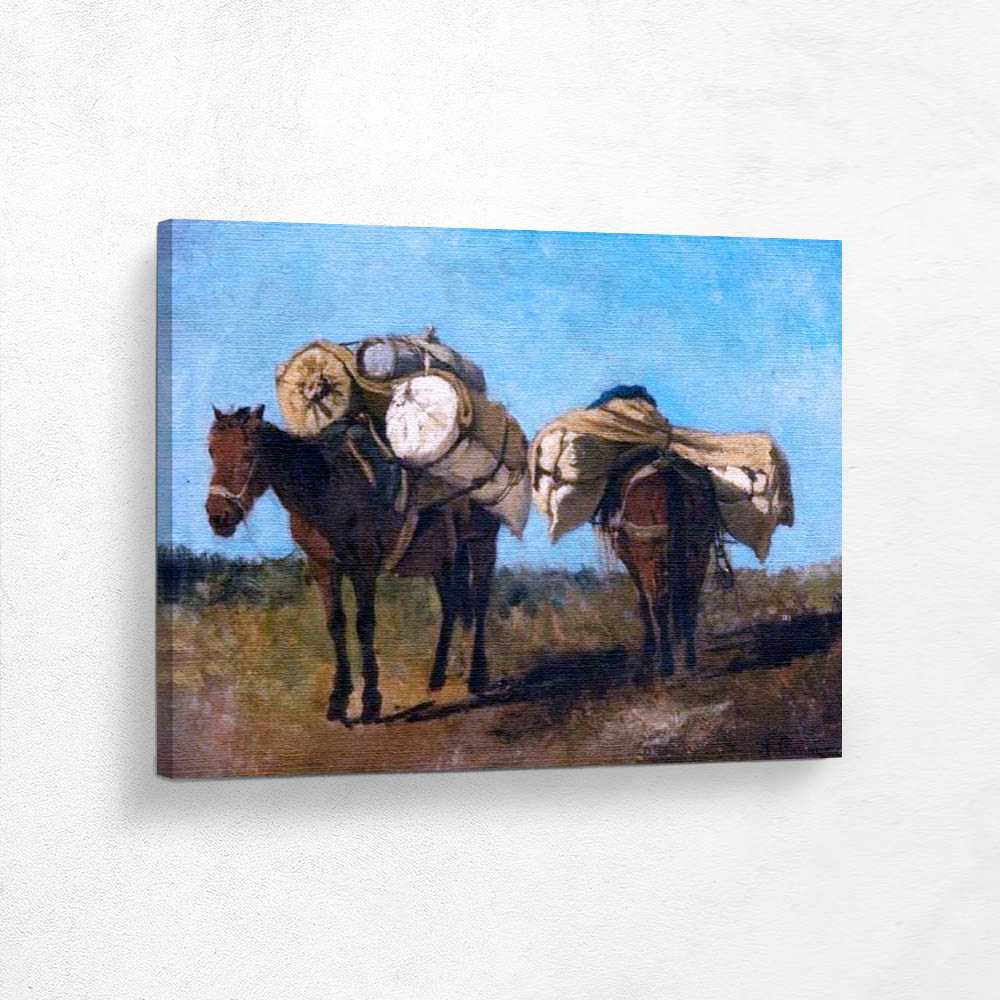 Two Horses Loaded with Household Goods in the Countryside