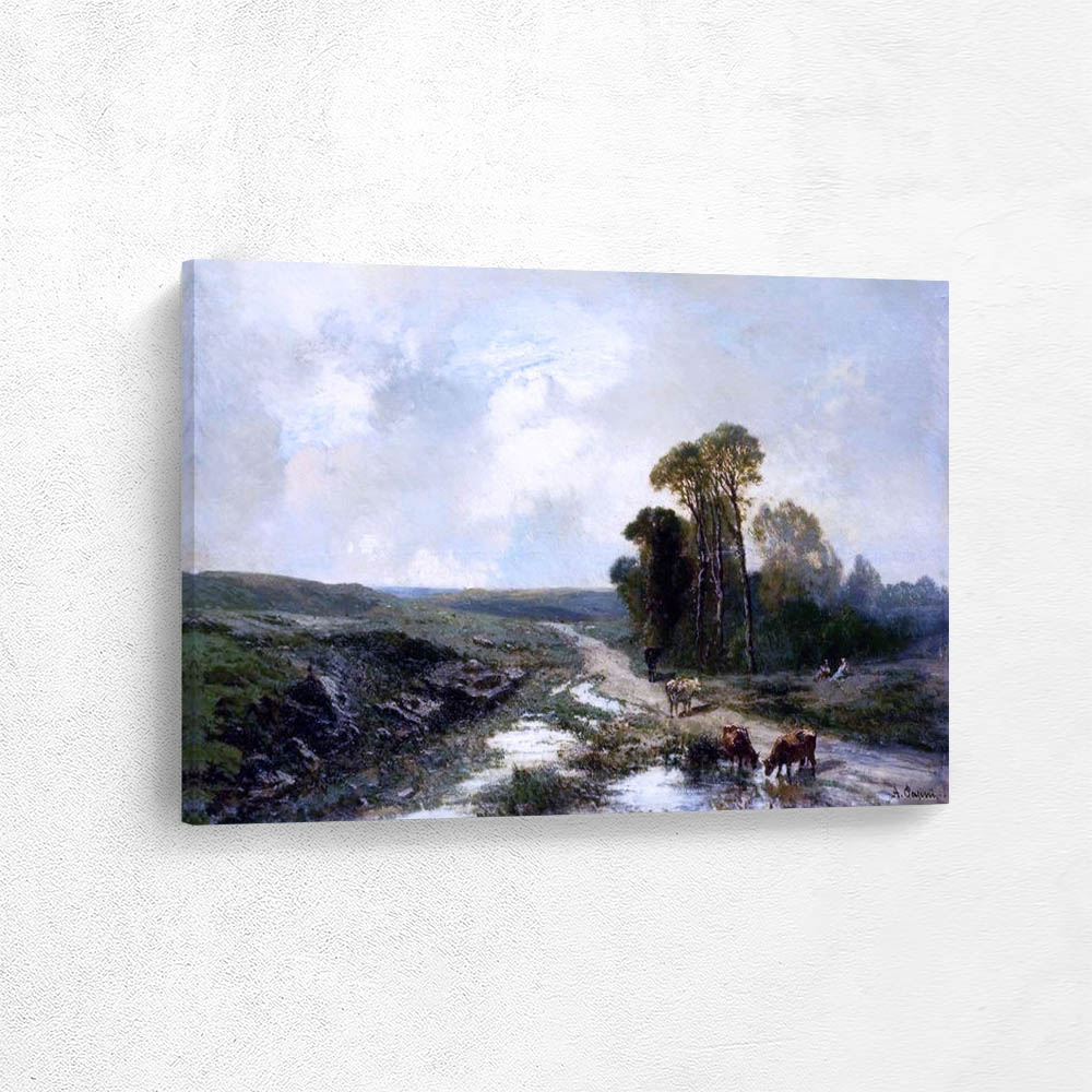 Southern Landscape with Cows at  Pond and Shepherd Couple
