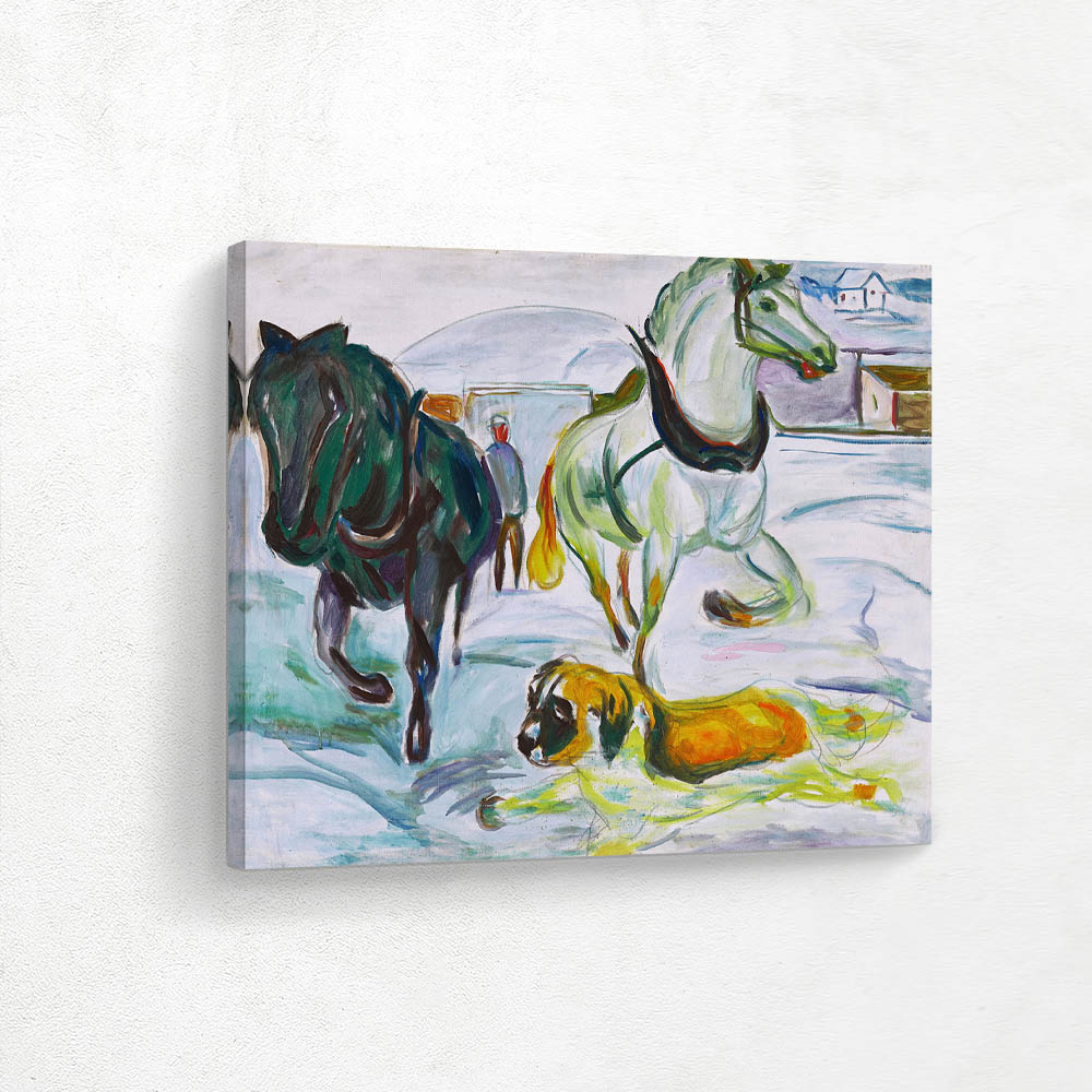 Horse Team and a St. Bernhard in the Snow 