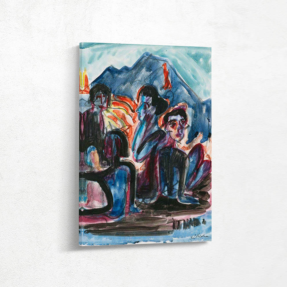 Figures before a mountain
