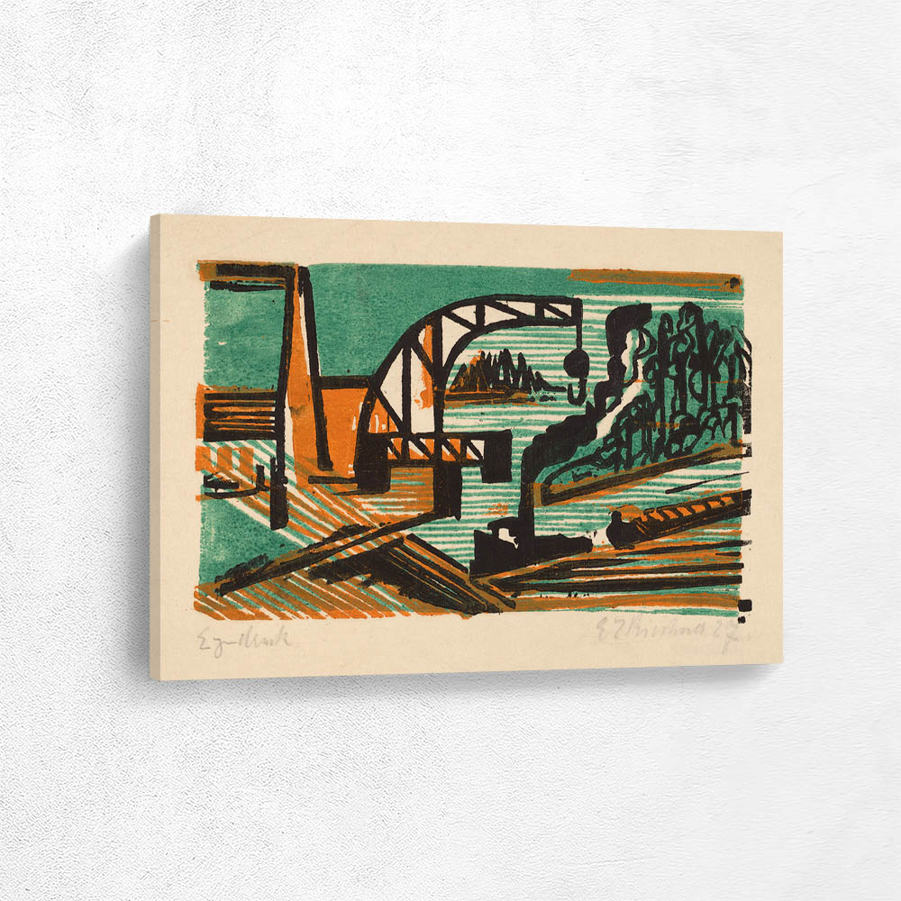 River landscape with crane and tow train River landscape with crane and tow train
