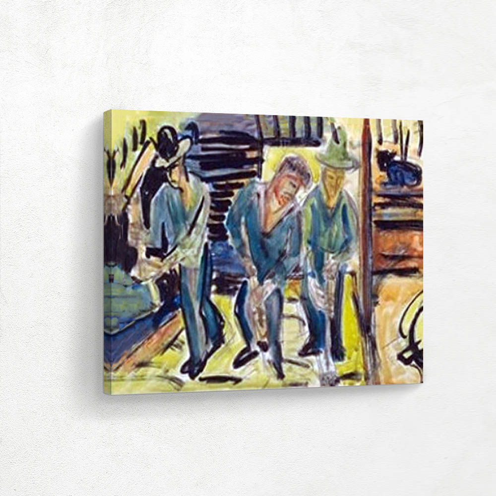 Three farmers in front of a wooden house